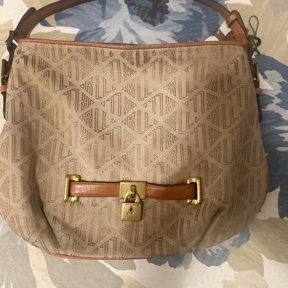 Ralph Lauren Tan and Brown Shoulder Bag with Gold Hardware
